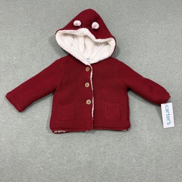 Carter's Other - NWT Carter's Baby Girl Blush Red Knit Sherpa Lined Hooded Sweater Jacket 6M